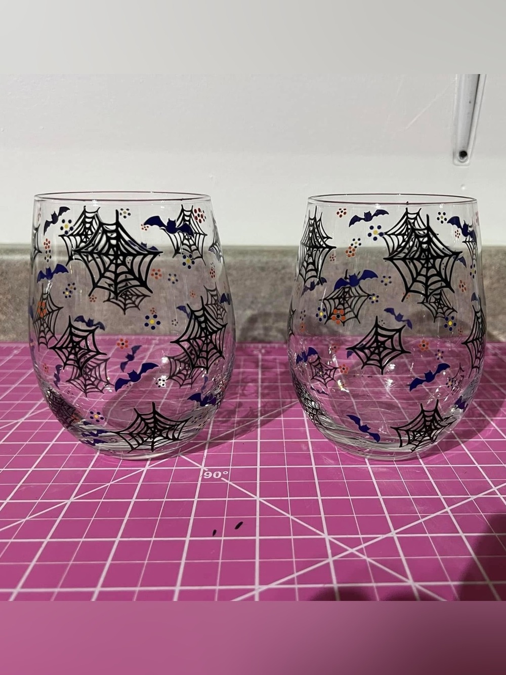 Temptations Boofetti- Halloween Spiderweb & Bat Stemless Wine Glasses (Set of 2)